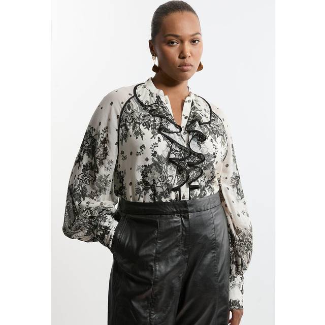 Plus Size Viscose Crinkle Placed Lace Printed Blouse - Black_White
