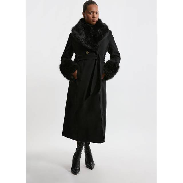 Plus Size Wool Blend Detachable Faux Fur Belted Midi Coat - Black