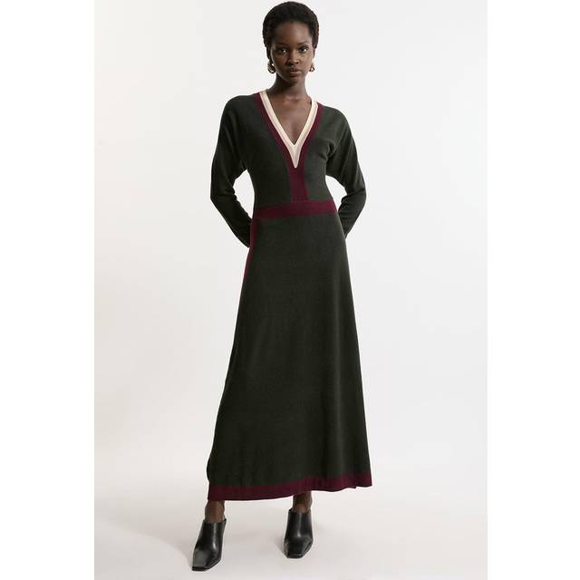 Wool Blend With Cashmere V Neck Colour Block Dress - Olive