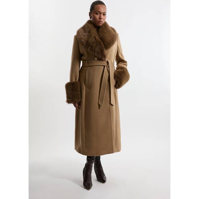 Plus Size Wool Blend Detachable Faux Fur Belted Midi Coat - Camel