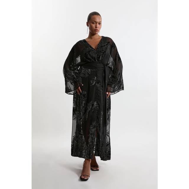 Plus Size Feather Devore Woven Kimono Maxi Dress - Black