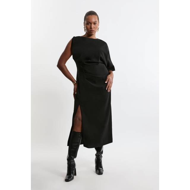 Plus Size Fluid Tailored Asymmetric Sleeve Maxi Dress - Black