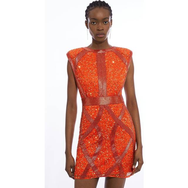 Tall Crystal Embellished Strong Shoulder Mini Dress - Orange