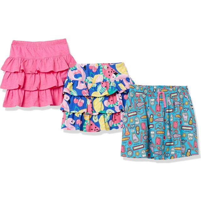Girls' Knit Ruffle Scooter Skirts (Previously Spotted Zebra), Pack of 3, Deep Blue Fruit/Pink/Doodles Print, Large