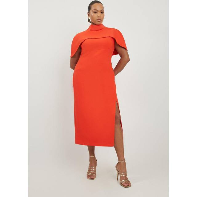 Plus Size Compact Stretch Caped Cap Sleeved Neck Tie Tailored Midi Dress - Red