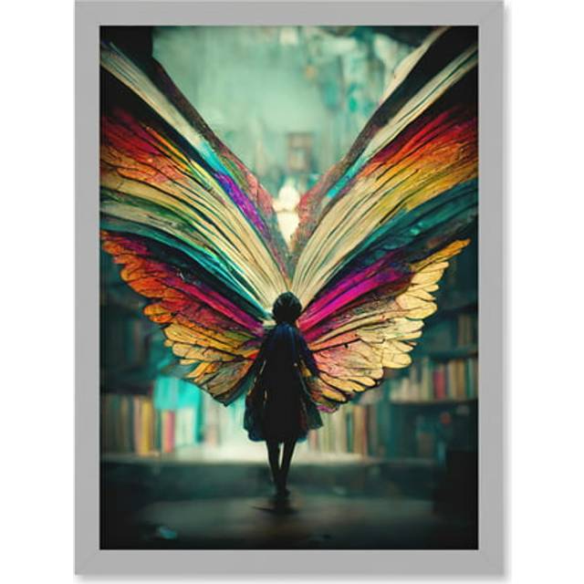Library Book Fairy Rainbow Wings Artwork Framed Wall Art Print A4 - Grey - One Size