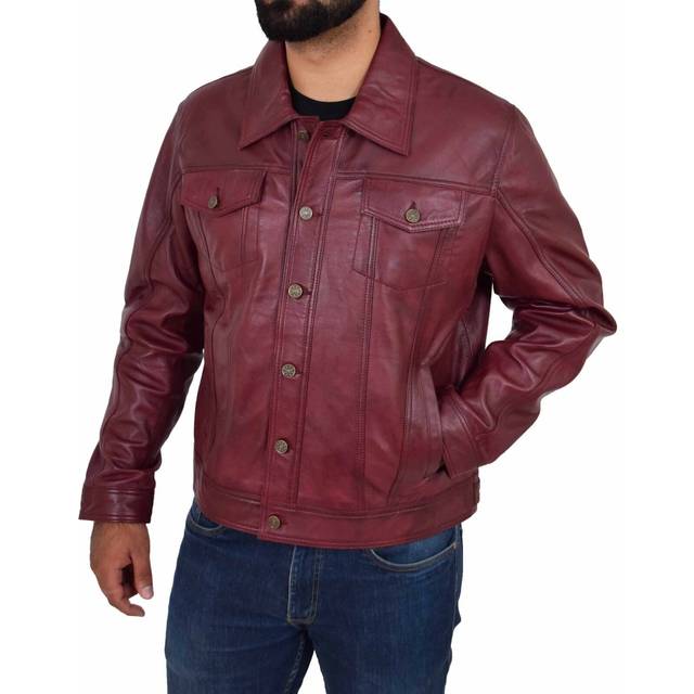 (Burgundy, S) Mens Trucker Soft Leather Jacket Western Denim Style Bond Burgundy