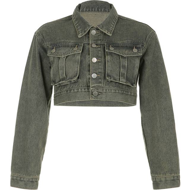 (L, Army Green) HEYounGIRL Vintage 90s Denim Jacket for Women Pockets Front Grunge Lon