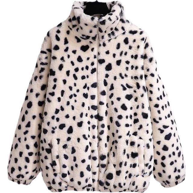 (xL 57.5-62.5kg, Beige white) Winter Coat for Women Faux Fur Leopard Print Wool Coat Loose and Thick