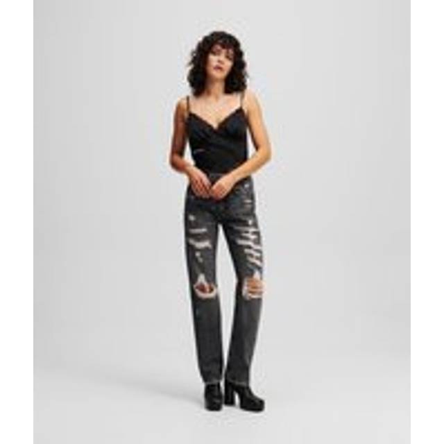 Karl Lagerfeld, Distressed High-rise Straight Jeans, Woman, Black Destructed, Size: 2732
