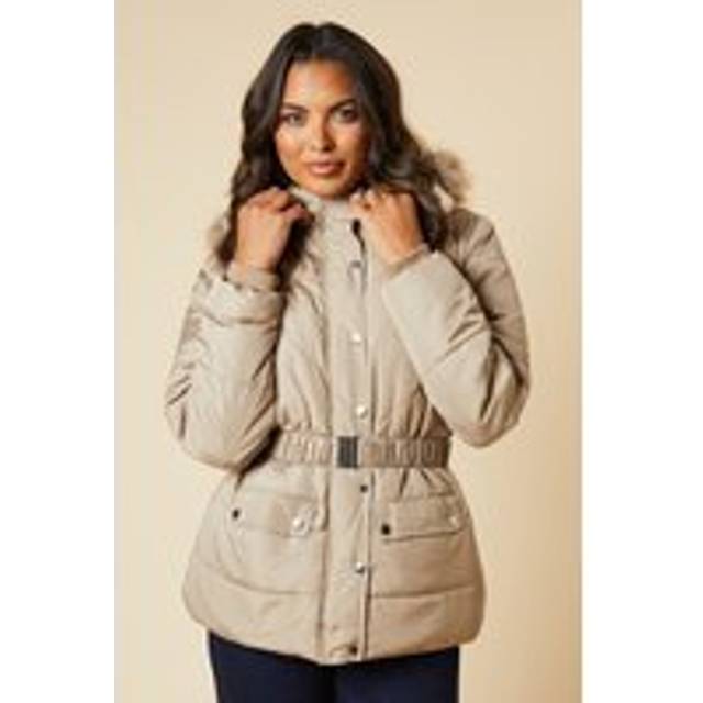 Dorothy Perkins Womens Coat Mink Faux Fur Hood Quilted Padded Belted Jacket