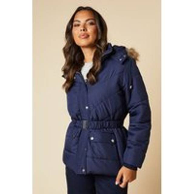 Womens Short Luxe Quilted Padded Puffer Belted Coat - Navy - 10