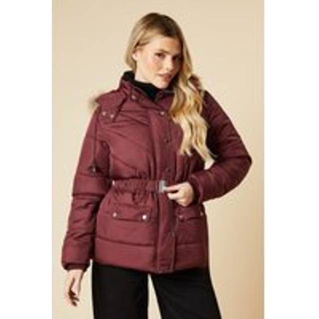 Womens Short Luxe Quilted Padded Puffer Belted Coat - Berry - 10