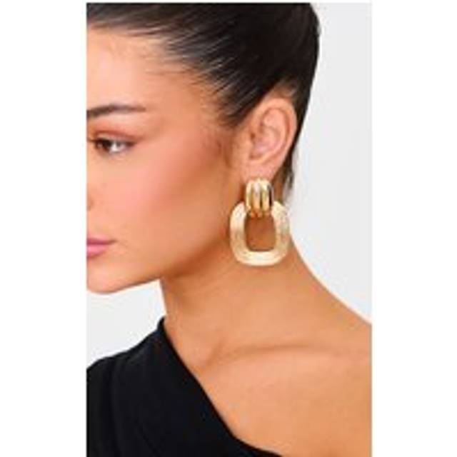 Gold Ribbed Hoop Door Knocker Earrings, Yellow - One Size