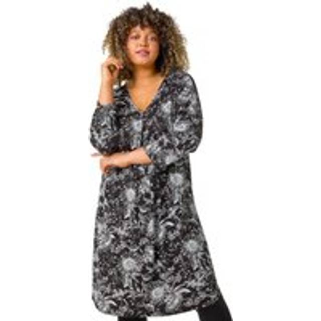 Curve Floral Print V-Neck Pleated Swing Dress - Black - Size 20 - Roman