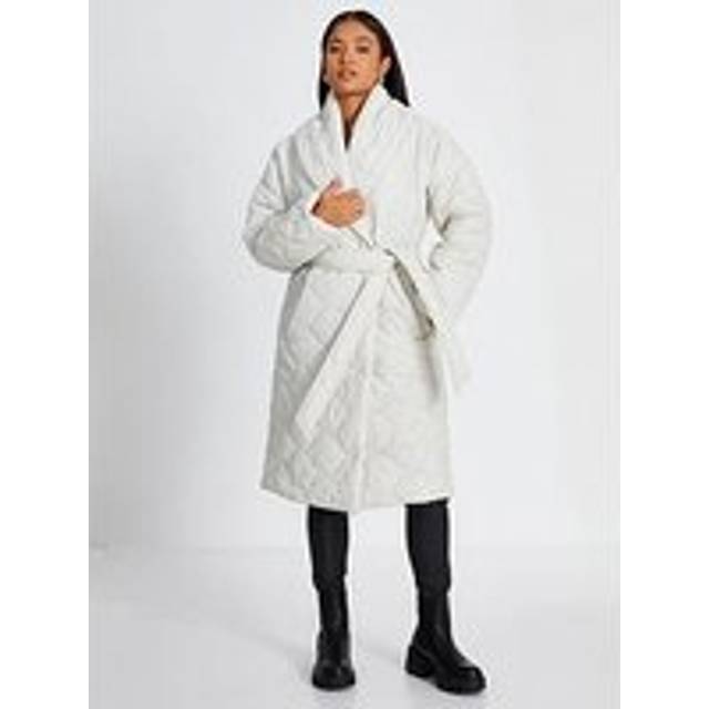 Womens Off White Petite Quilted Long Line Coat - Tan - 8