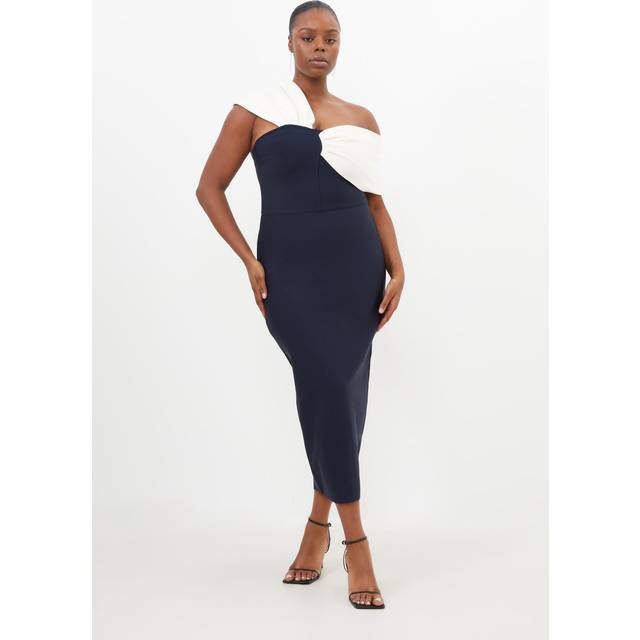 Plus Size Figure Form Bandage Knit Asymmetric Strap Midi Dress - Navy