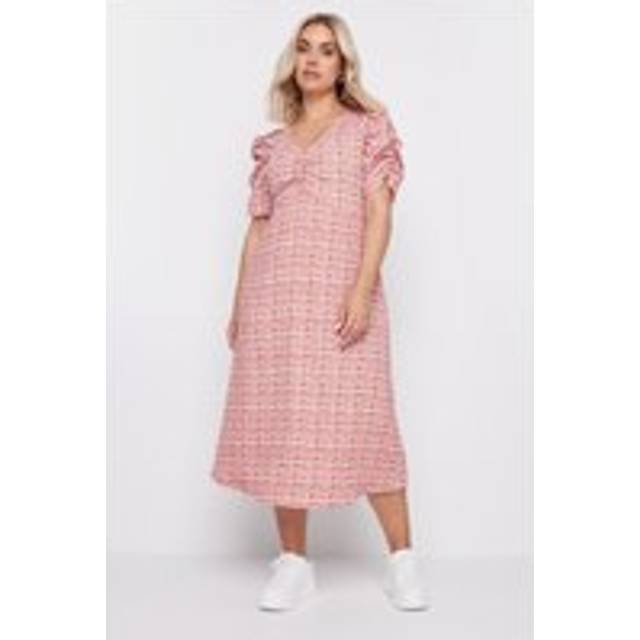 Yours Curve Pink Check Textured Milkmaid Dress, Women's Curve & Plus Size, Yours - 26-28