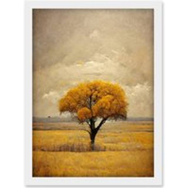 Lone Tree Autumn Landscape Gold Yellow Mustard Artwork Framed Wall Art Print A4 - White - One Size
