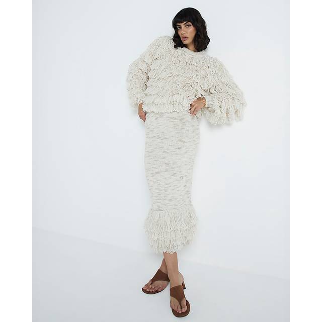 River Island Womens Cream Knit Fringe Midi Skirt - L