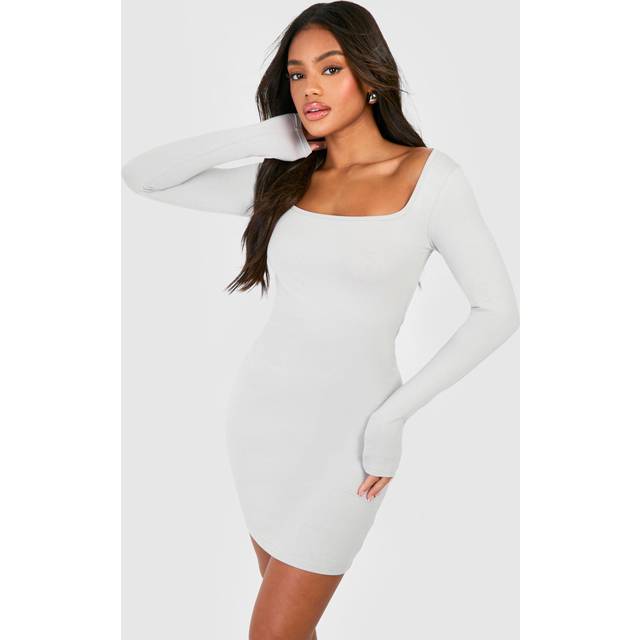 Womens Square Neck Modal Long Sleeve Bodycon Dress - Grey - 16, Grey
