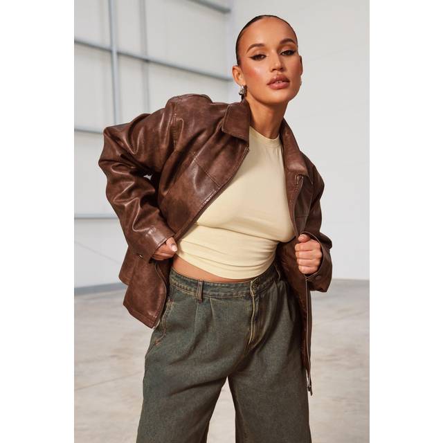 Womens Plus Vintage Look Collar Zip Up Jacket - Brown - 16