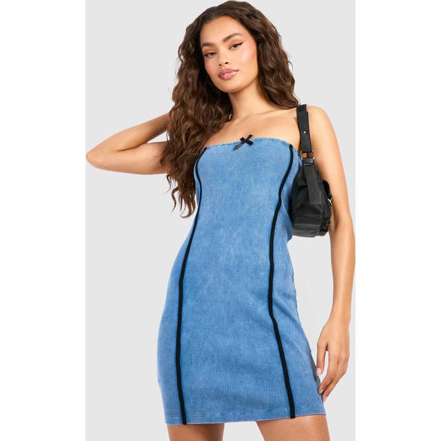 Womens Denim Washed Ribbed Jersey Mini Dress - Blue - 16, Blue