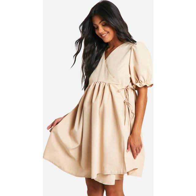 Womens Maternity Puff Sleeve Wrap Mini Smock Dress - Beige - 10, Beige