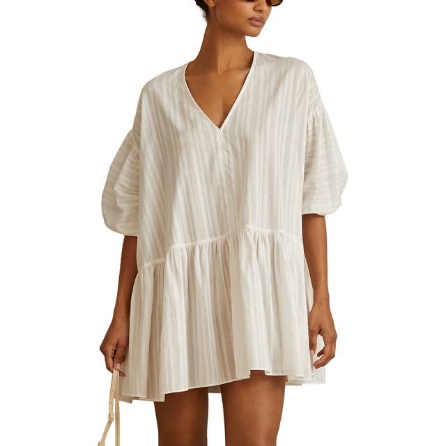 Reiss Womens White Hatty V-neck Puff-sleeve Cotton Mini Dress S - WHITE