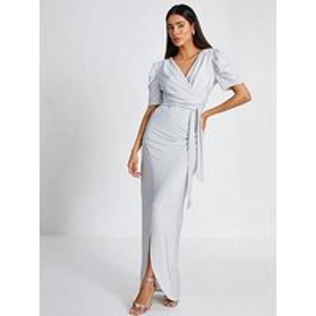 Glitter Wrap Maxi Dress - Silver - Size 8 - Quiz