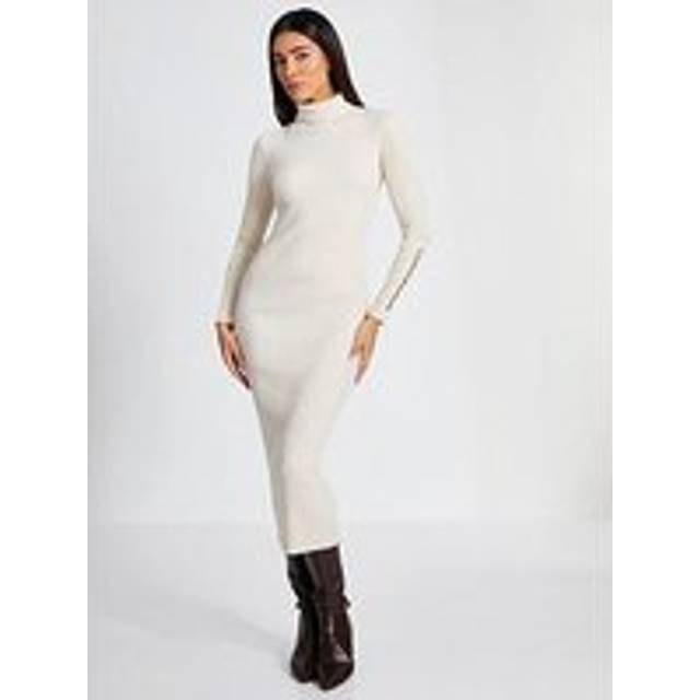 Womens Off White Ribbed Knit Jumper Dress - Tan - M