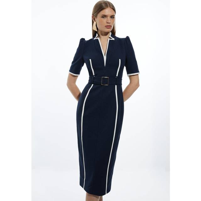Compact Stretch Contrast Tipped Forever Belted Tailored Midi Dress - Navy