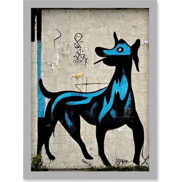 Graffiti Street Art Smoking Blue Dog Artwork Framed Wall Art Print A4 - Grey - One Size
