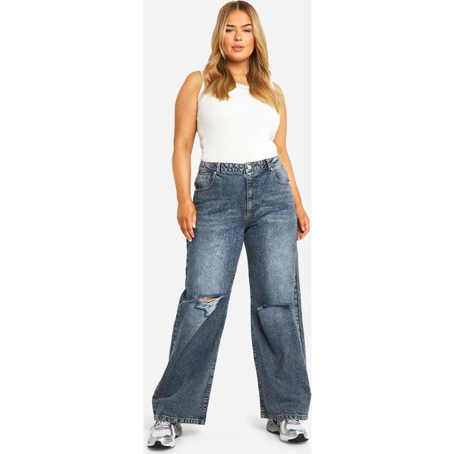 Womens Plus Basics Ripped Knee Boyfriend Jeans - Vintage Blue - 28