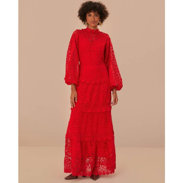 Red Guipire Long Sleeve Maxi Dress, RED / XS