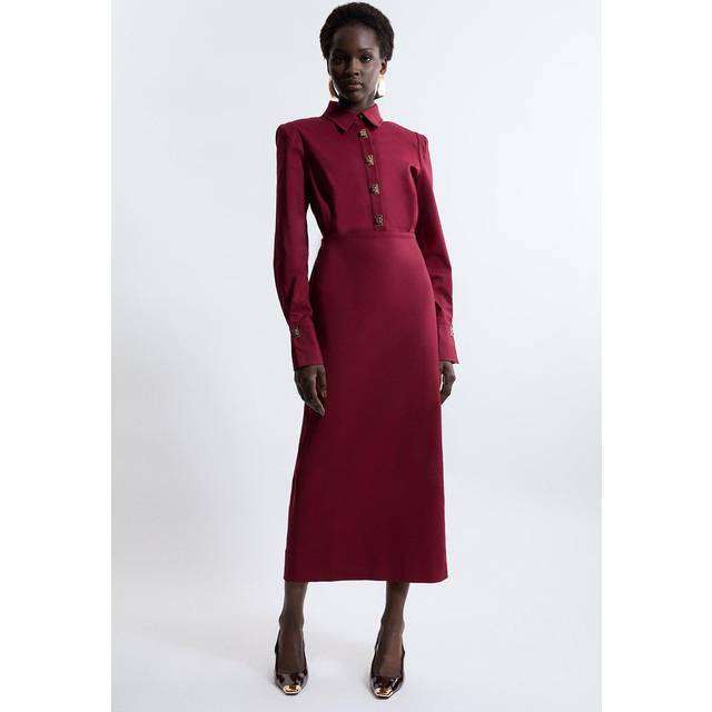 Techno Cotton Woven Maxi Shirt Dress With Gold Clasps - Red