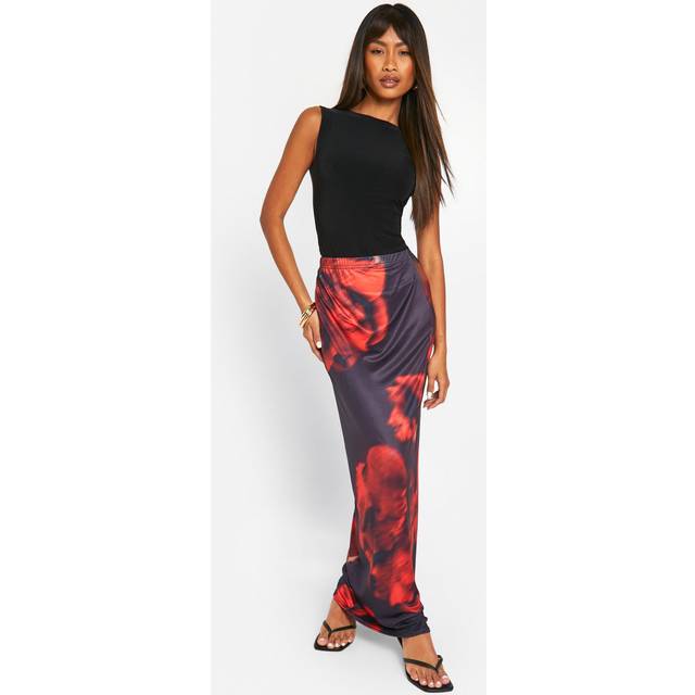 Womens Slinky Flower Print Maxi Skirt - Black - 12, Black