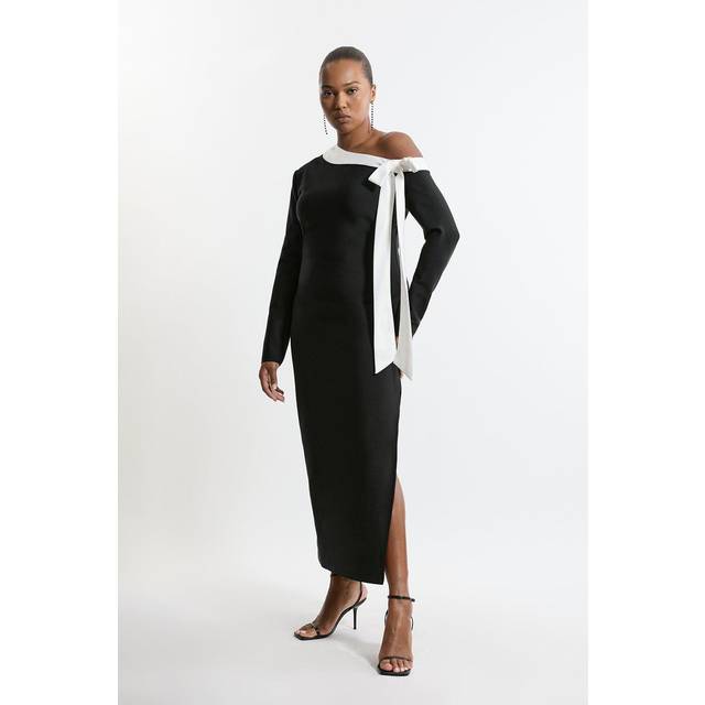 Plus Size Figure Form Bandage Knit Contrast Bow Detail Maxi Dress - Mono