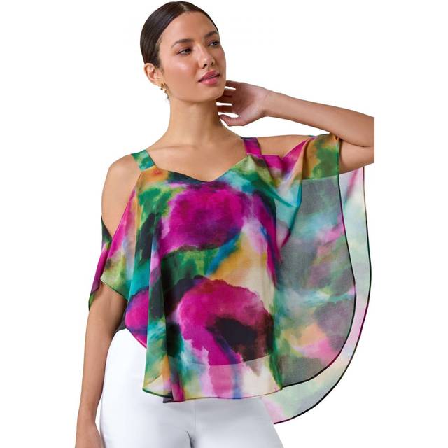 Roman Forest Abstract Print Cold Shoulder Overlay Top - Size 10