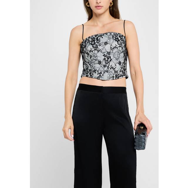 Cropped Flocked Lace Corset Blouse - BLACK - Large