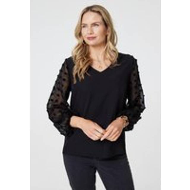 Polka Dot Semi Sheer V-Neck Blouse - Black - 8