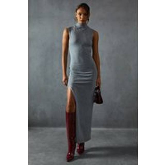 Womens Soft Knit Grown On Neck Sleeveless Split Leg Maxi Dress - Grey - M/L
