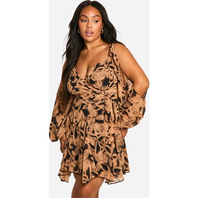 Womens Plus Floral Chiffon Lace Back Wrap Skater Dress - Black - 22, Black