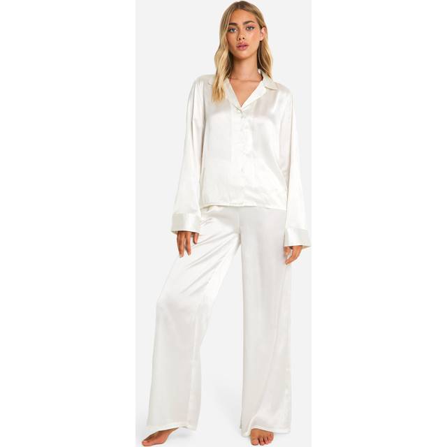 Womens Satin Long Sleeve Shirt & Trousers Pyjama Set - White - 10
