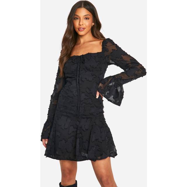 Womens Burnout Floral Milkmaid Mini Dress - Black - 12, Black