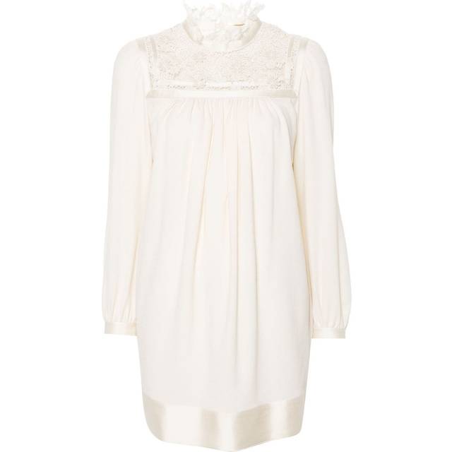 Saint Laurent - guipure-lace panelling mini dress - women - Silk/Wool/Silk/Polyamide - 34 - Neutrals