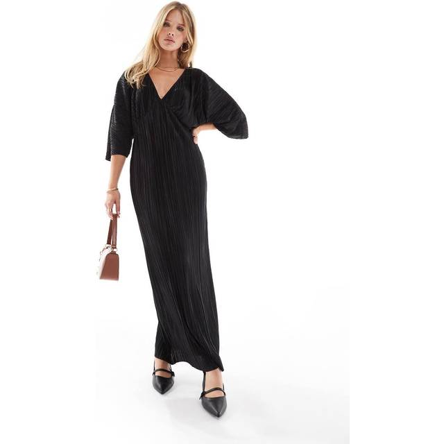 ASOS DESIGN – Svart, plisserad midiklänning med v-ringning och pingvinärm-Svart/a
