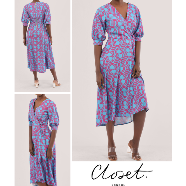 Closet London Blue Puff Sleeve Wrap Print Dress