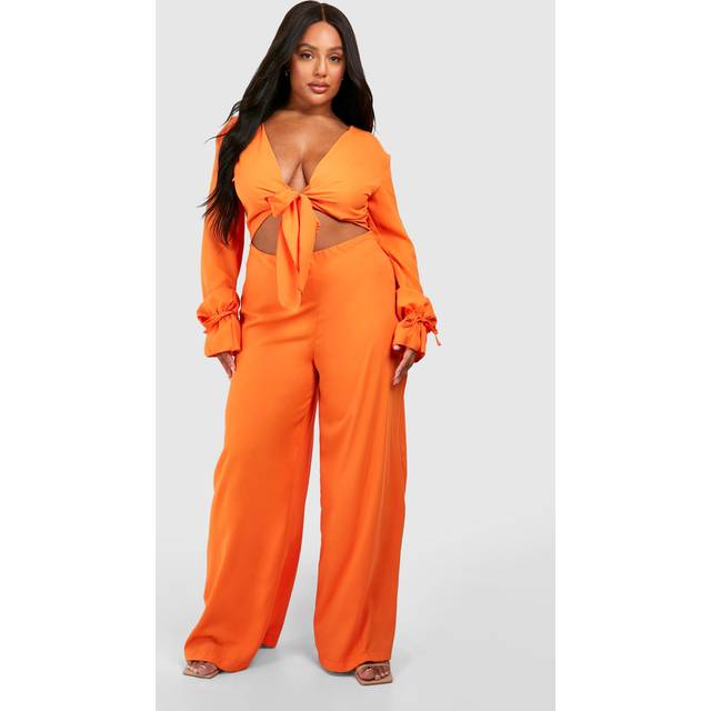 Womens Plus Woven Knot Front Long Sleeve Jumpsuit - Orange - 26, Orange