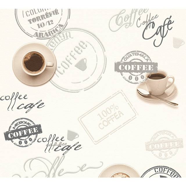 Coffee Cup Wallpaper Off White Beige Typography Script Kitchen Washable Vinyl